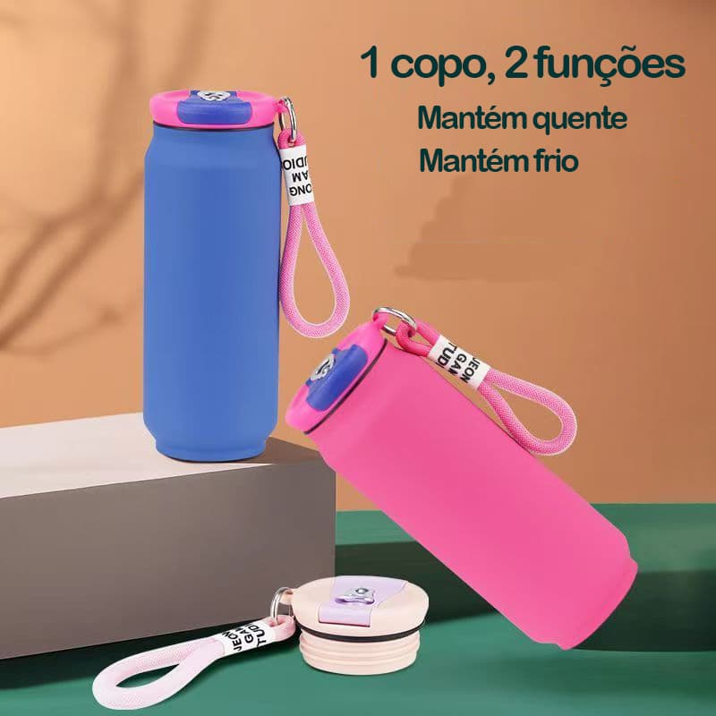 Garrafa Térmica 500ml em Aço Inox Design Macaron com Corda de Mão e Tampa Abridor Tipo Lata – Uso Veicular