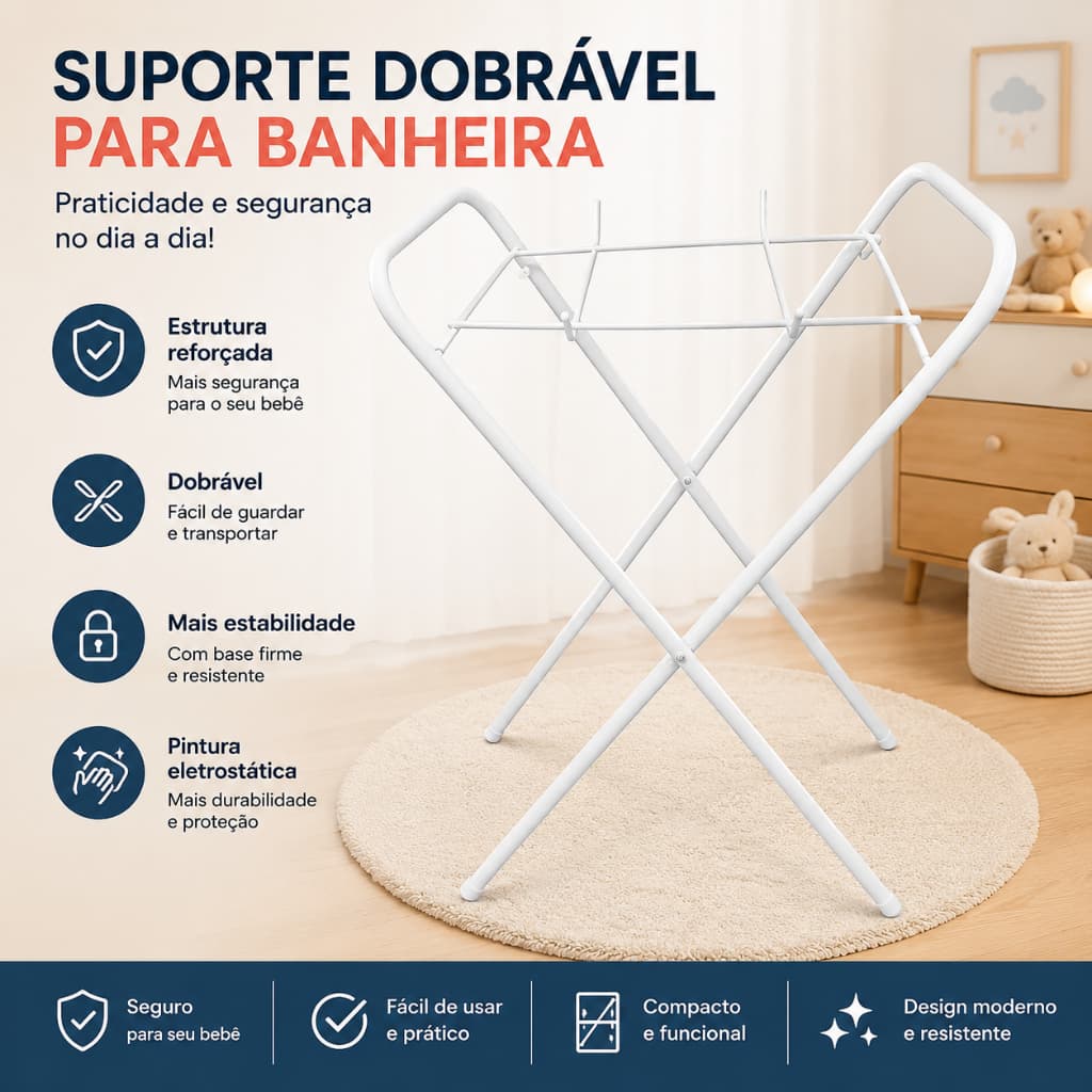 Suporte Dobrável Para Banheira de Bebê Reforçado Universal em Aço Branco