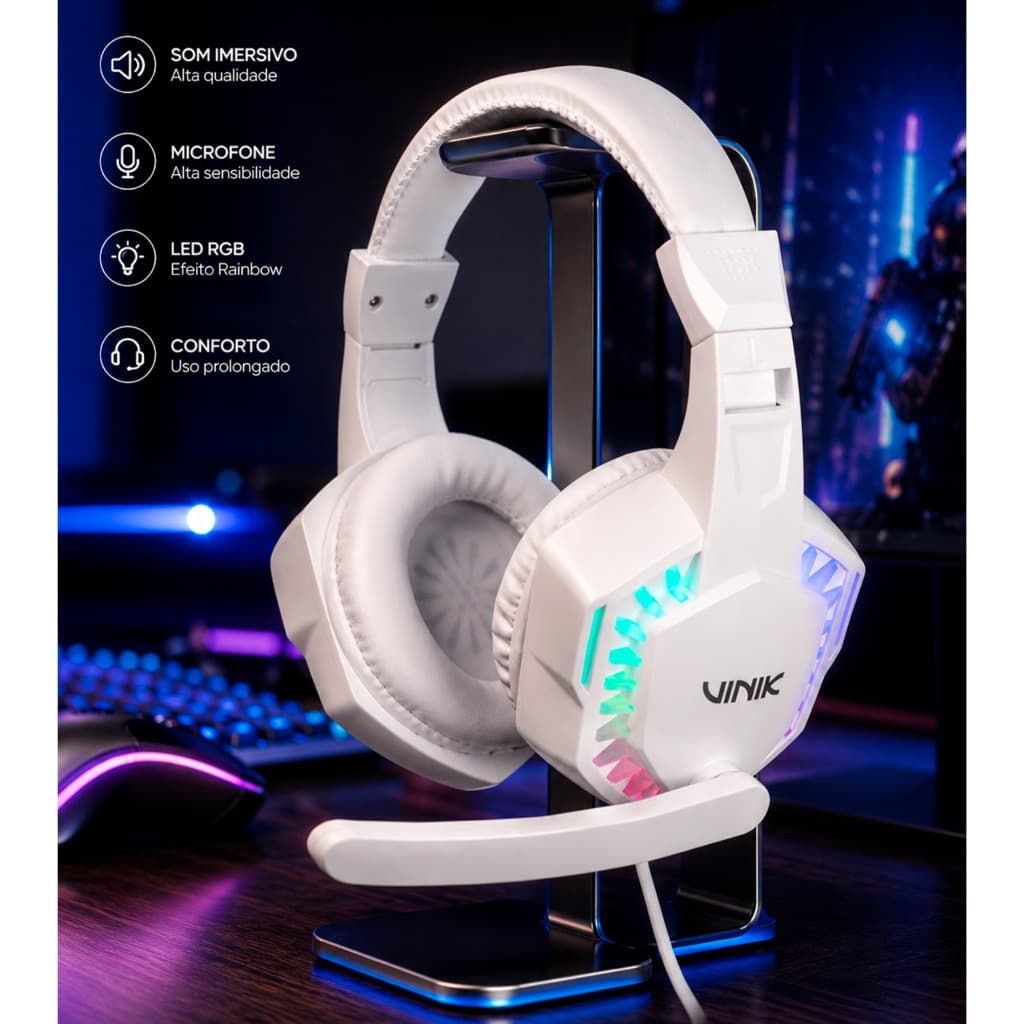 Headset Gamer Vinik Guardian - Branco - Led Rainbow - Vkhsggdb