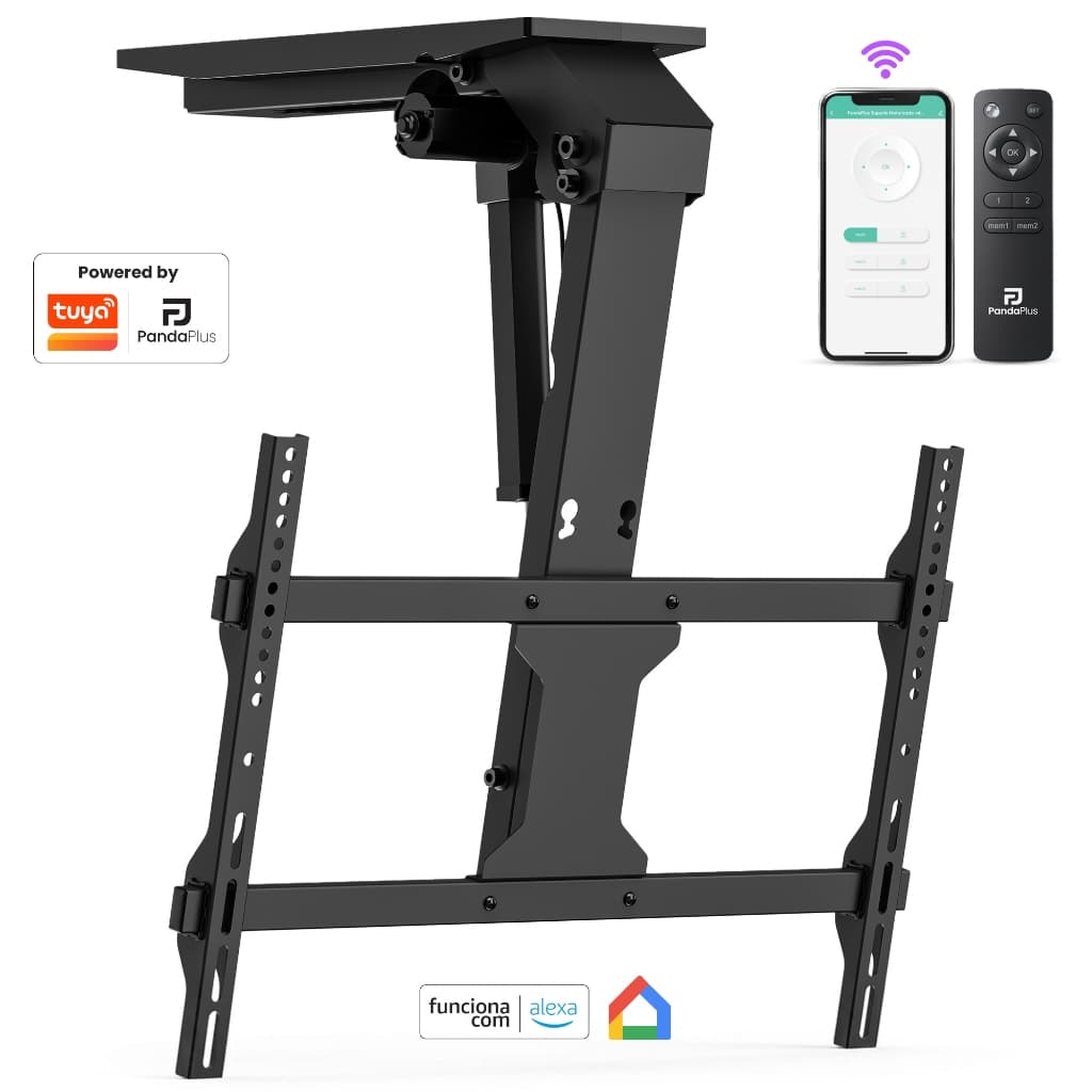 Suporte TV Motorizado Teto 37 a 75 Controle App PandaPlus Wifi Alexa Tuya Smartlife Google Inclinação 80° Suporte Até 45