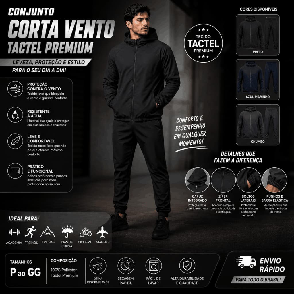 Kit 2 Peças Conjunto Corta Vento Masculino Tactel Jaqueta com Capuz e Calça Academia Casual