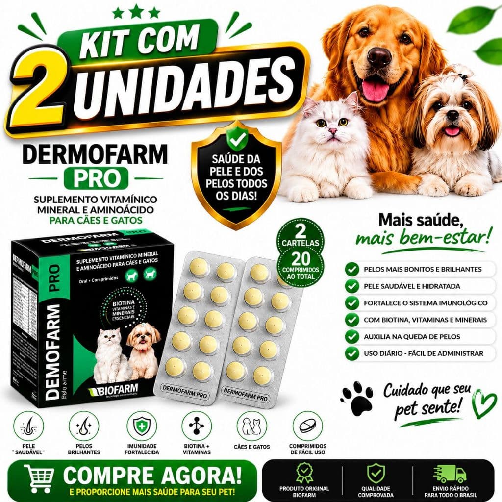 Kit C/2 Dermofarm Pro Biofarm Suplemento Vitamínico Cães e Gatos  - 10 comprimidos cada