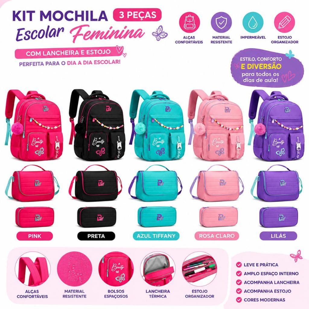 Kit Mochila Escolar Feminina 3 Peças com Lancheira e Estojo Resistente Impermeável