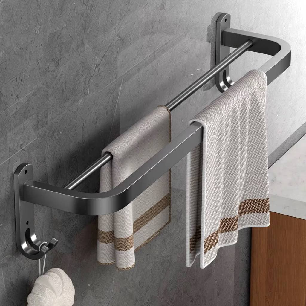 Toalheiro 58cm de Parede Aço Inox Cinza Fosco Barra Porta Toalha com Ganchos Cola ou Parafuso