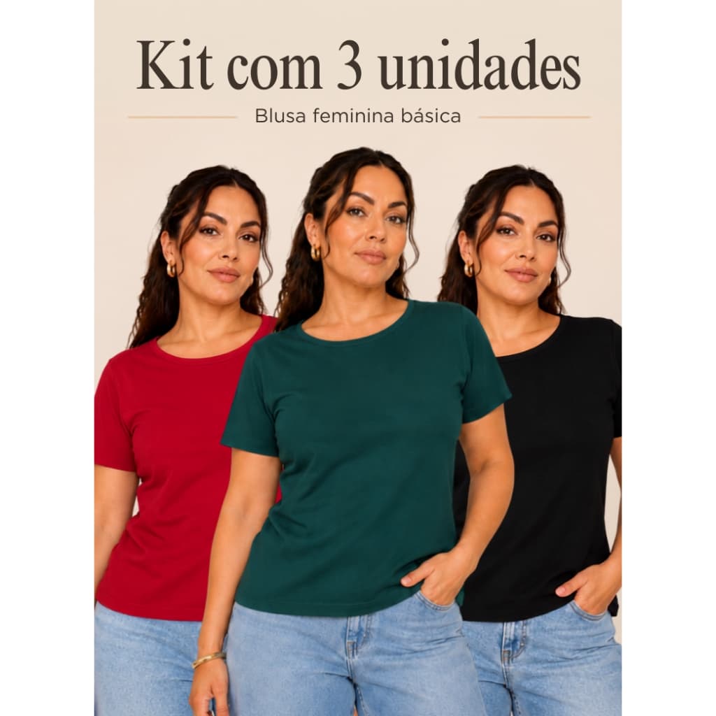 Kit 3 Blusas Femininas Básicas em Viscolycra – Modelo Gola Redonda