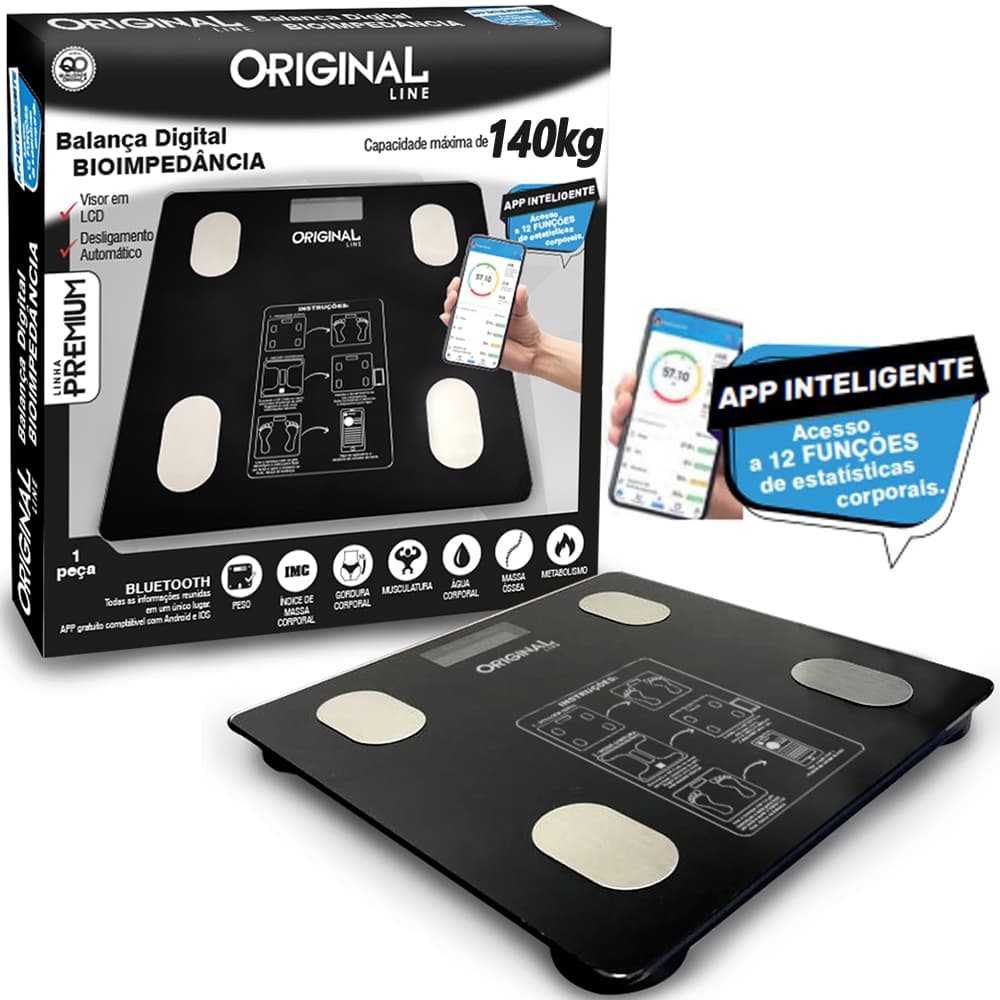 BALANCA DE PISO DIGITAL DE VIDRO QUADRADA BIOIMPEDANCIA COM BLUETOOTH PREMIUM 140KG A PILHA Código 372408