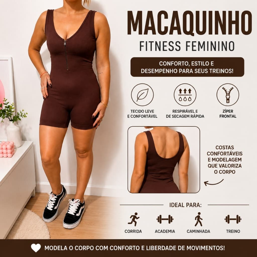 Macaquinho Fitness Feminino Marrom Academia Zíper Frontal Dry Fit Alta Compressão Modelador Treino Corrida