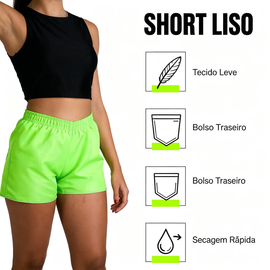 Kit Short Feminino Tactel Praia Adulto Liso Academia