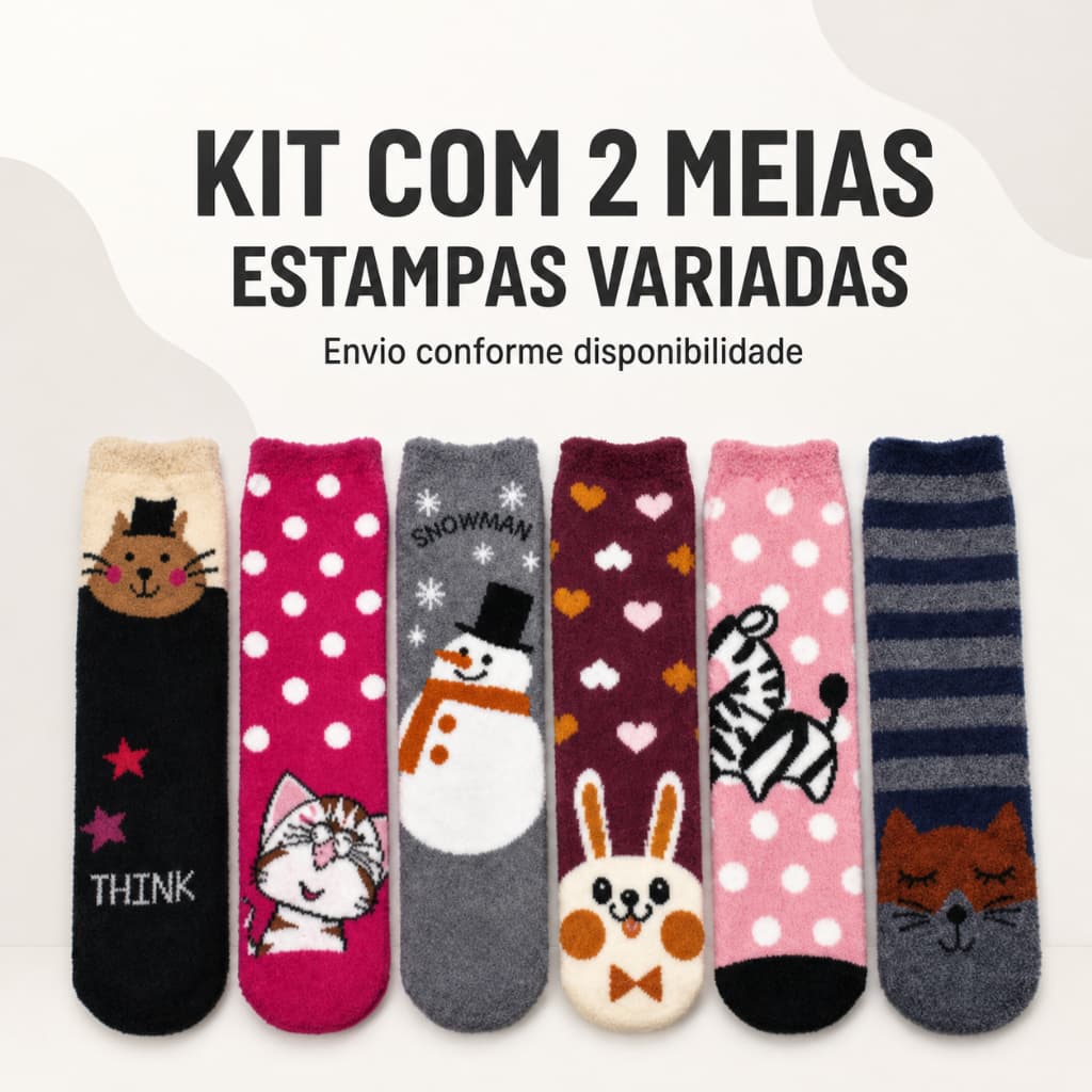 Kit 2 Meias Soft Peluciadas Estampadas Inverno Tamanho 35 ao 40
