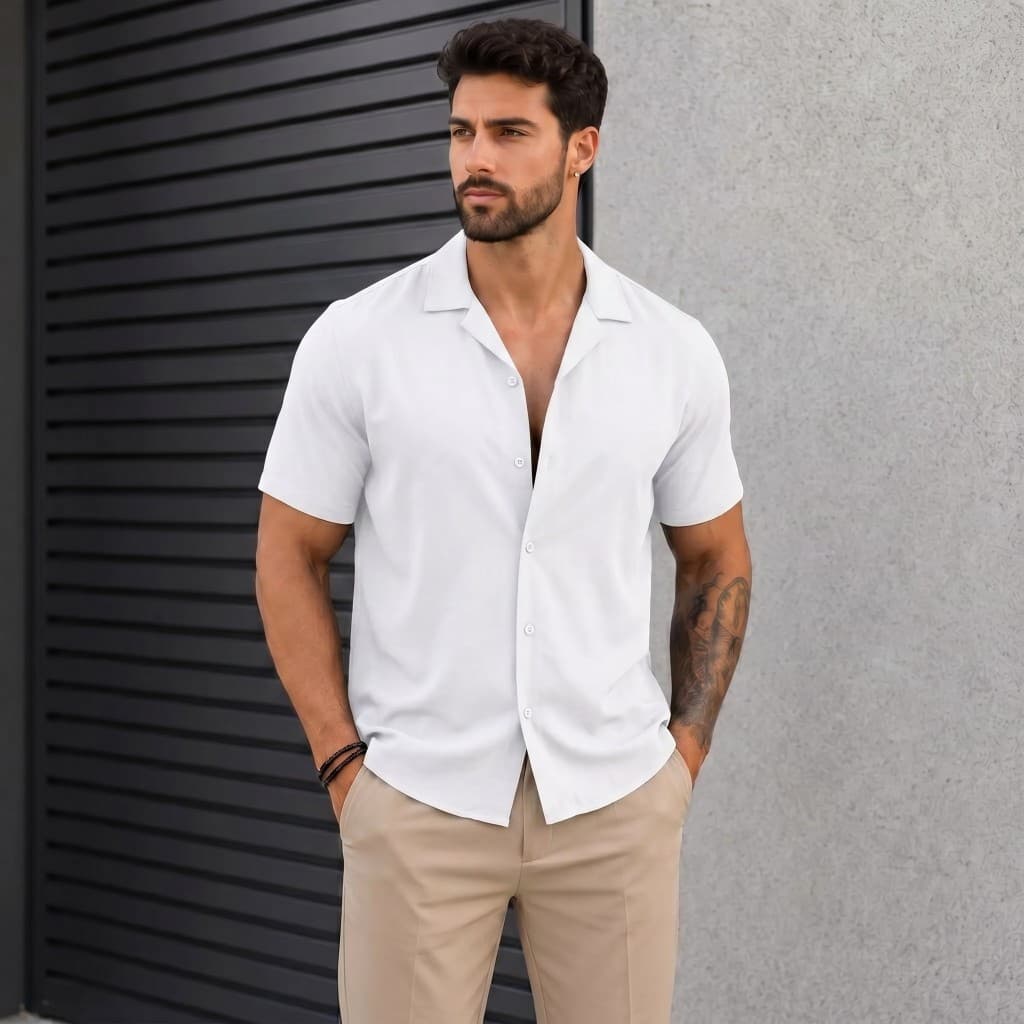 Camisa Social Masculina Manga Curta Estilo Gola Cubana Casual Premium