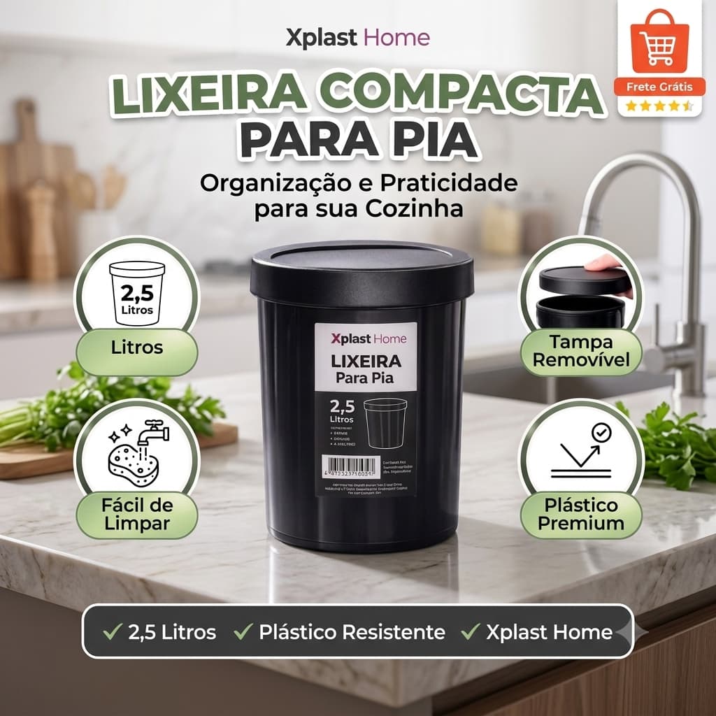 kit 2 Lixeiras para Pia 2,5L Preta Xplast Home | Lixo de Cozinha Compacta | Plástico Resistente
