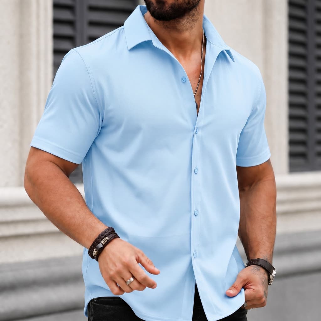 Camisa Masculina Social Manga Curta Slim Fit Elegante