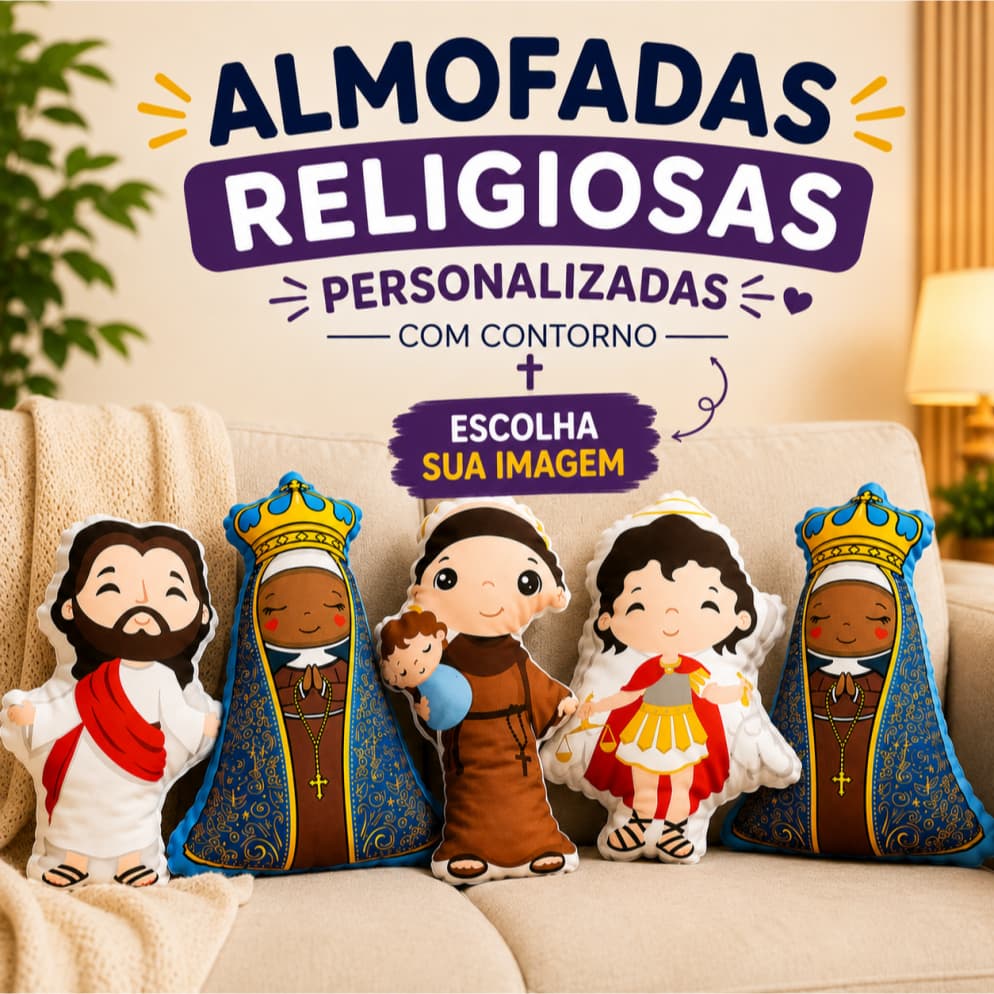 Almofada Religiosa com Contorno | Jesus, Nossa Senhora, Santos e Anjos - Ziper + Enchimento - *Qualidade Superior