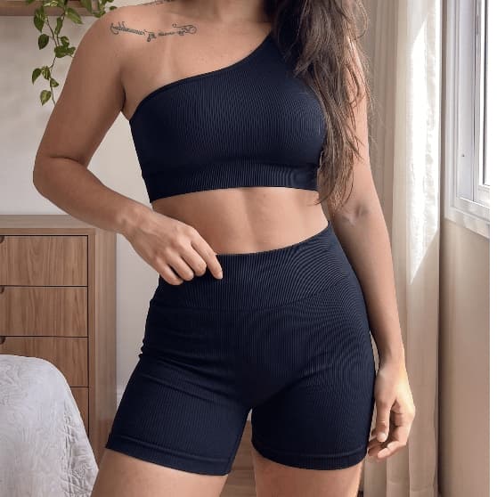 Conjunto Top Um Ombro Só & Short Cintura Alta | Fitness Feminino | Zero Transparência | Cintura Alta |