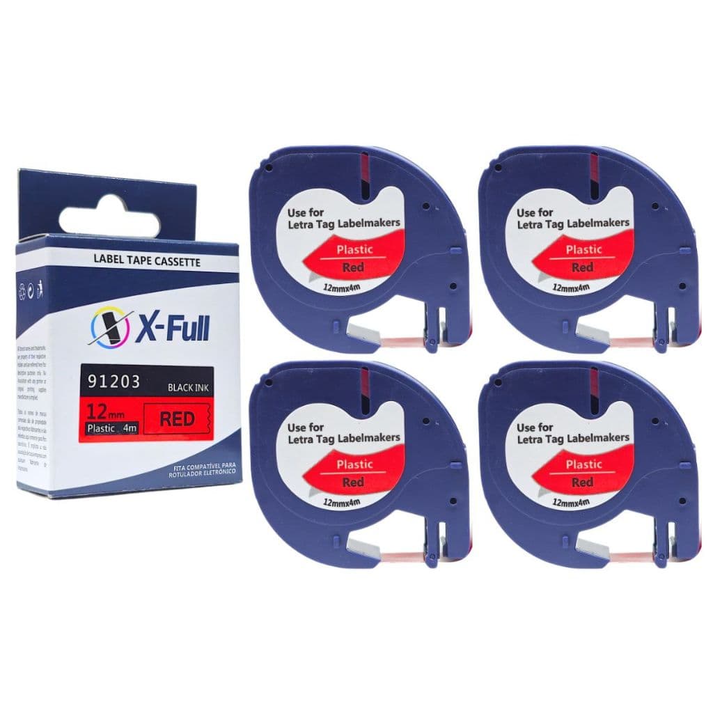 4 Fita Compatível 91203 12mm 4m Preto No Vermelho Para Rotulador DYMO LT-100H LT-100T QX50