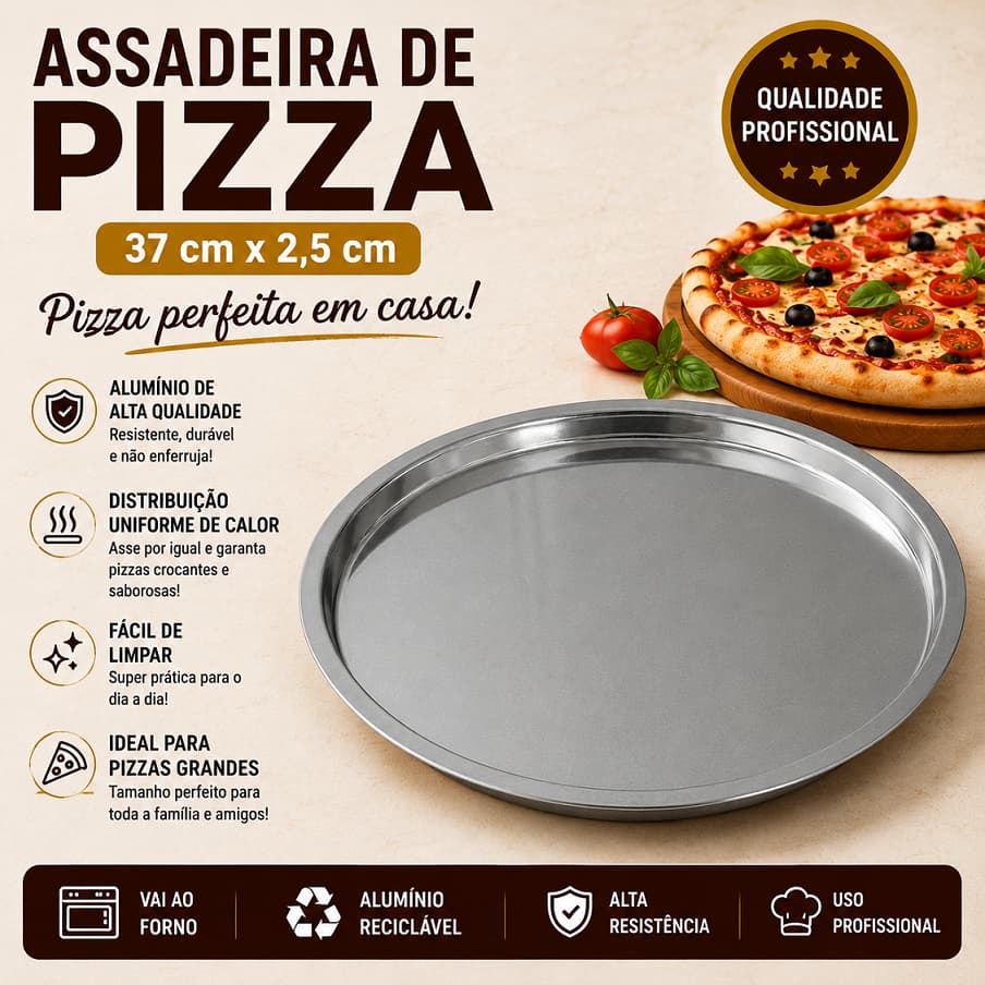 Assadeira Redonda para Pizza 37x2,5 cm | Alumínio de Alta Qualidade para Forno, Pizzaria e Lanchonete