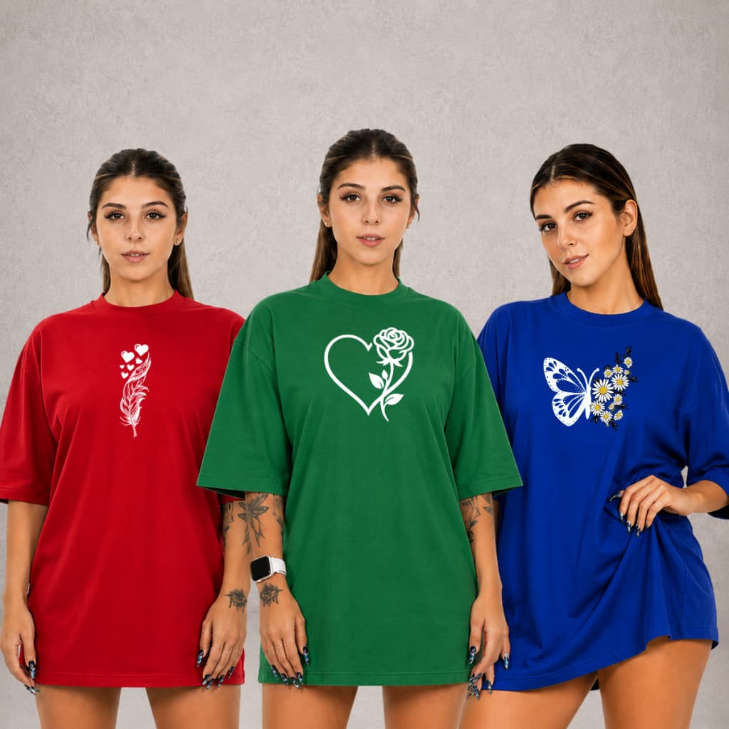 Kit 3 Blusa Feminina T-Shirt PlusEstanpa Ktf Dorom  Size Manga Curta Gola Redonda Malha 100% Algodão