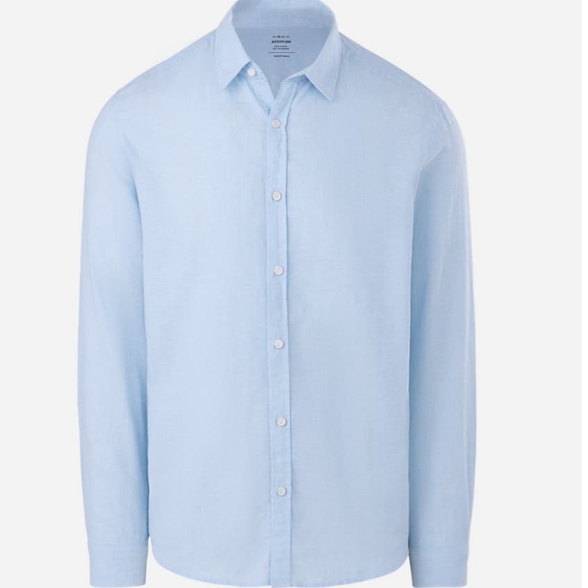 Camisa Regular Básica em Linho com Gola Colarinho Azul Céu Marfinno