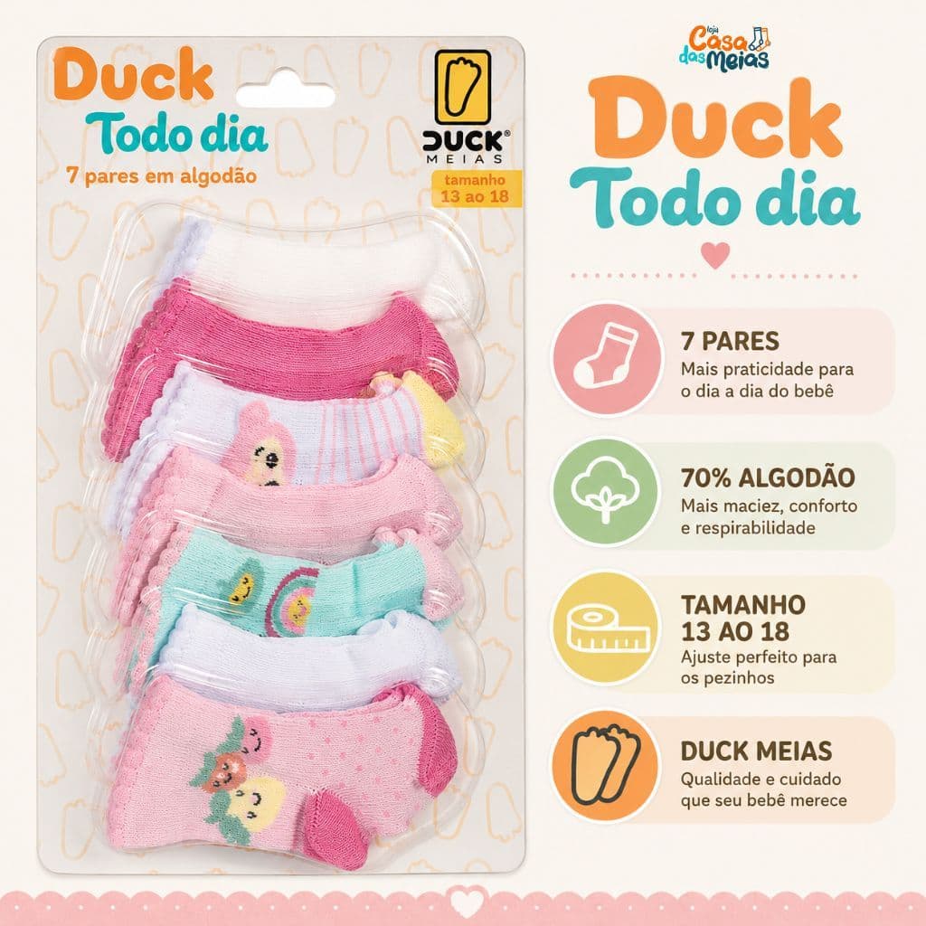 Kit Meias Bebê Todo Dia 7 Pares Recém Nascido Algodão Confort Menino Menina Tamanho 13 ao 18