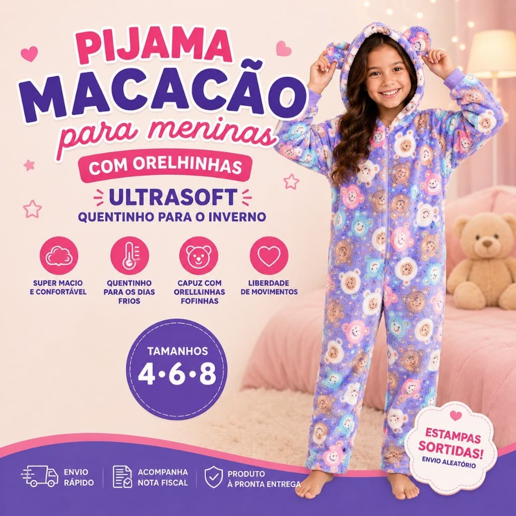 Pijama Macacão Infantil Menina Fleece Soft com Capuz e Orelhinhas