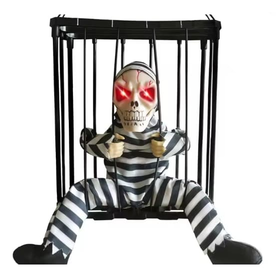 Boneco Presidiário Jaula Grita Halloween Assustador Dia das Bruxas Decoração Festa Terror Enfeite Pendurar