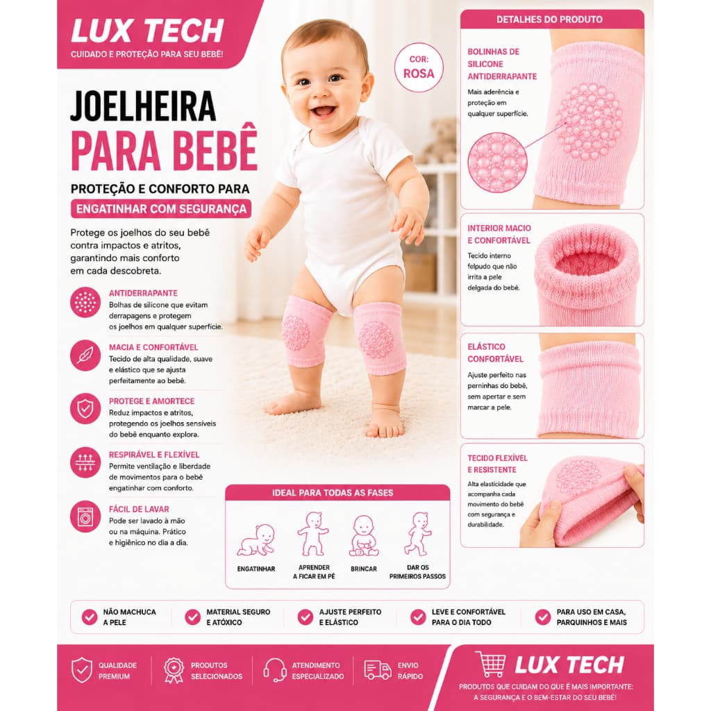 Joelheira Para Bebe Antiderrapante Macia Engatinhar Protetor Joelho Cor:Rosa