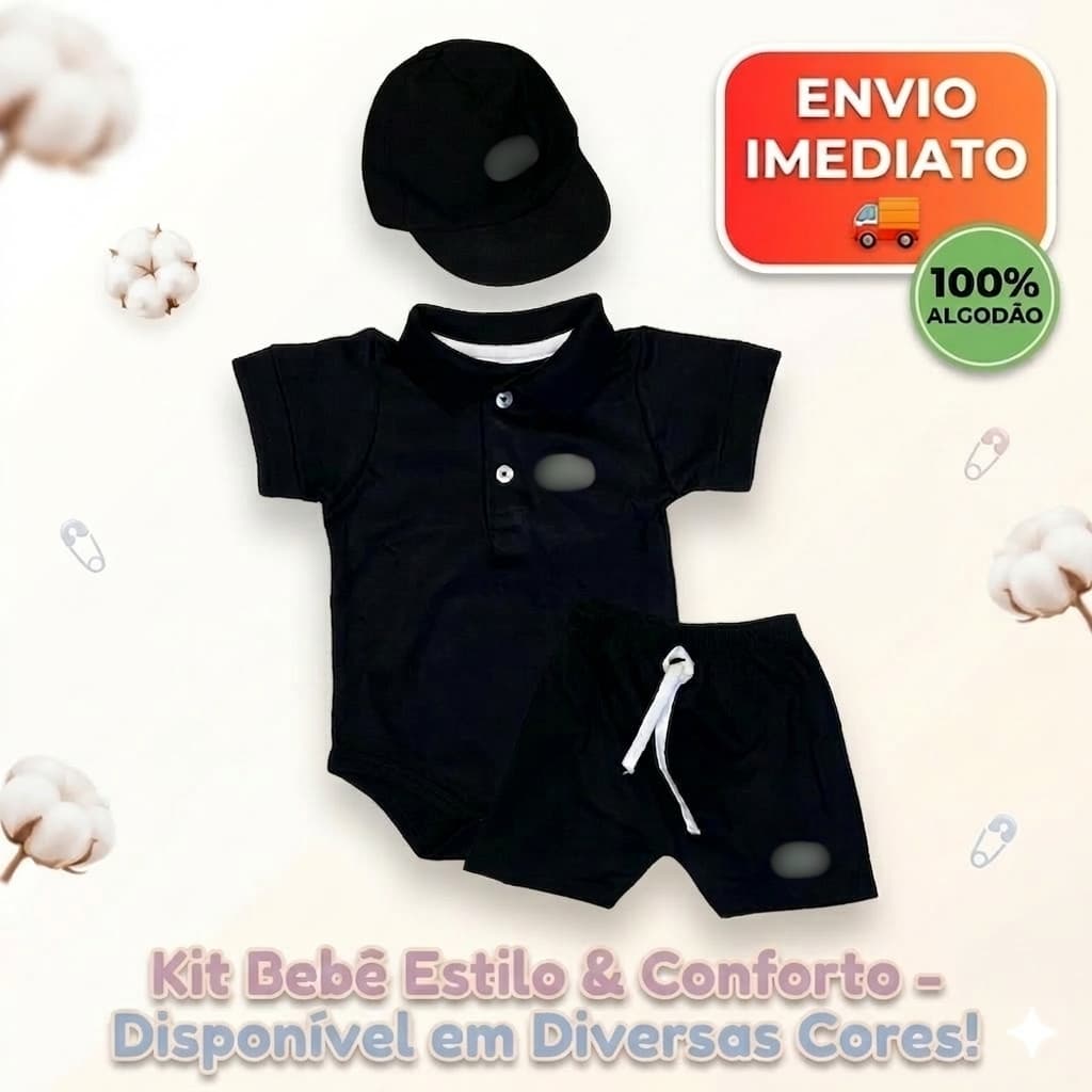 Kit Bebe Body Polo + Short + Boné Bordado Alta Qualidade RN a 10 meses