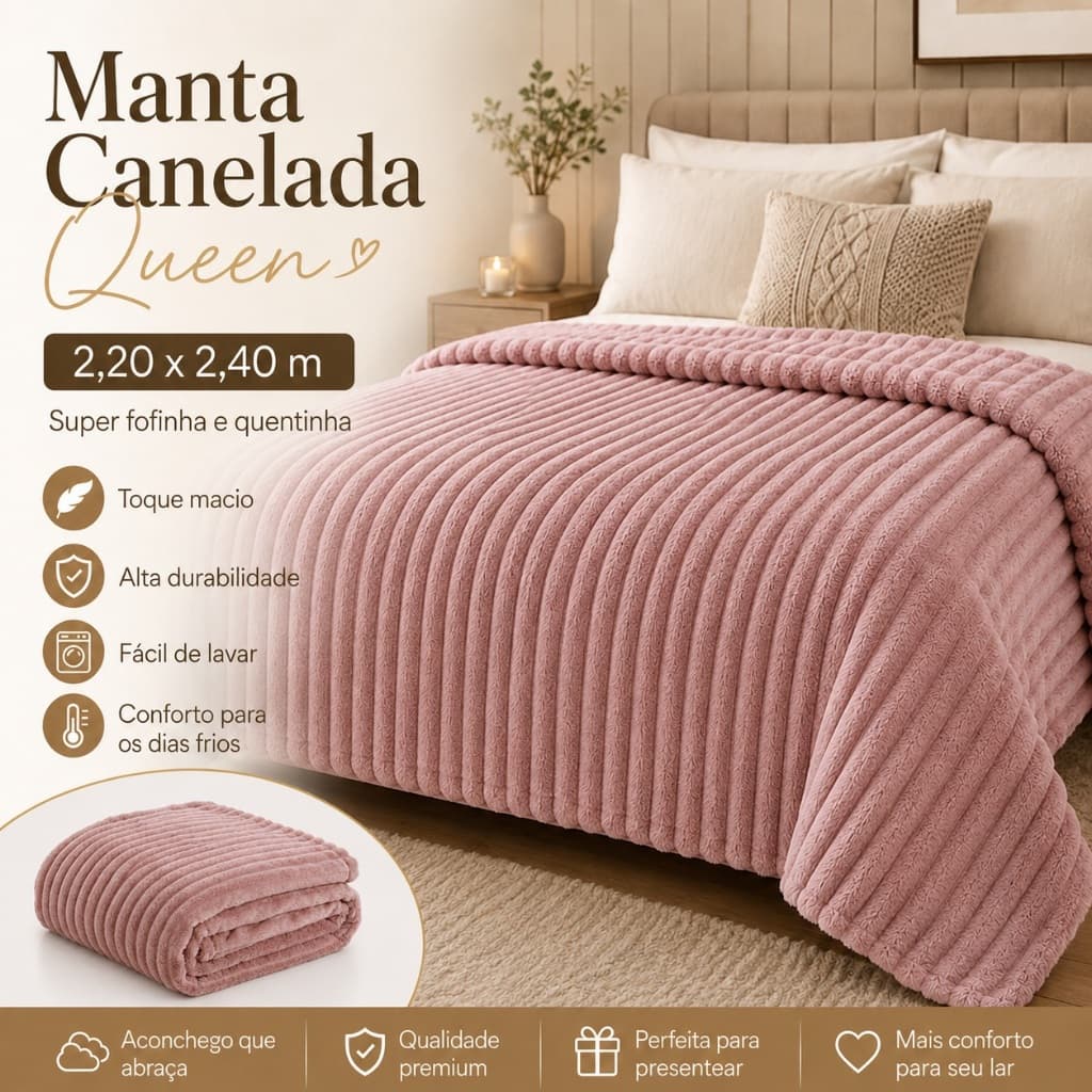 Manta Cobertor Canelada 2,20 x 2,40 Queenl Quentinha Macia Microfibra Inverno Presente