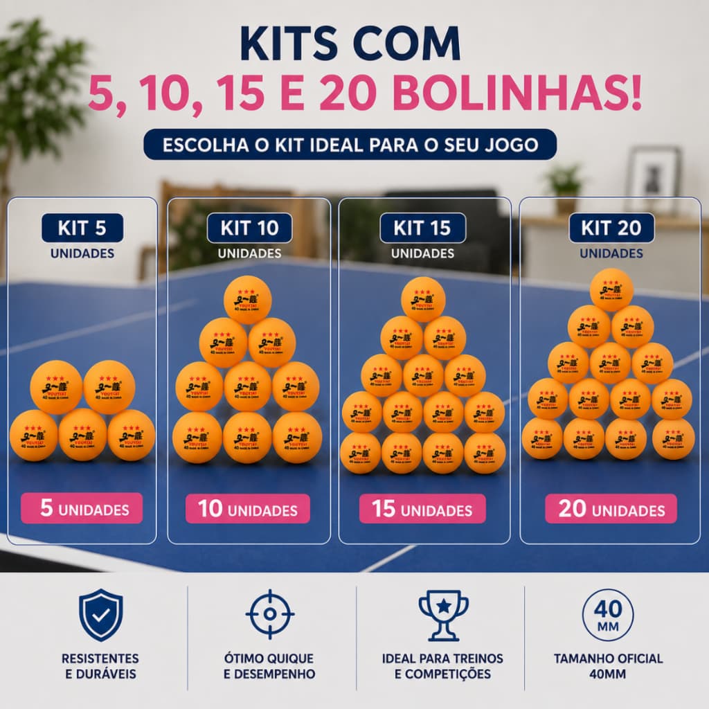 Kit com 20/15/10/5 Bolinhas de Ping Pong Tenis de Mesa Bolas 3 Estrelas de 40mm Pacote de Cor Laranja