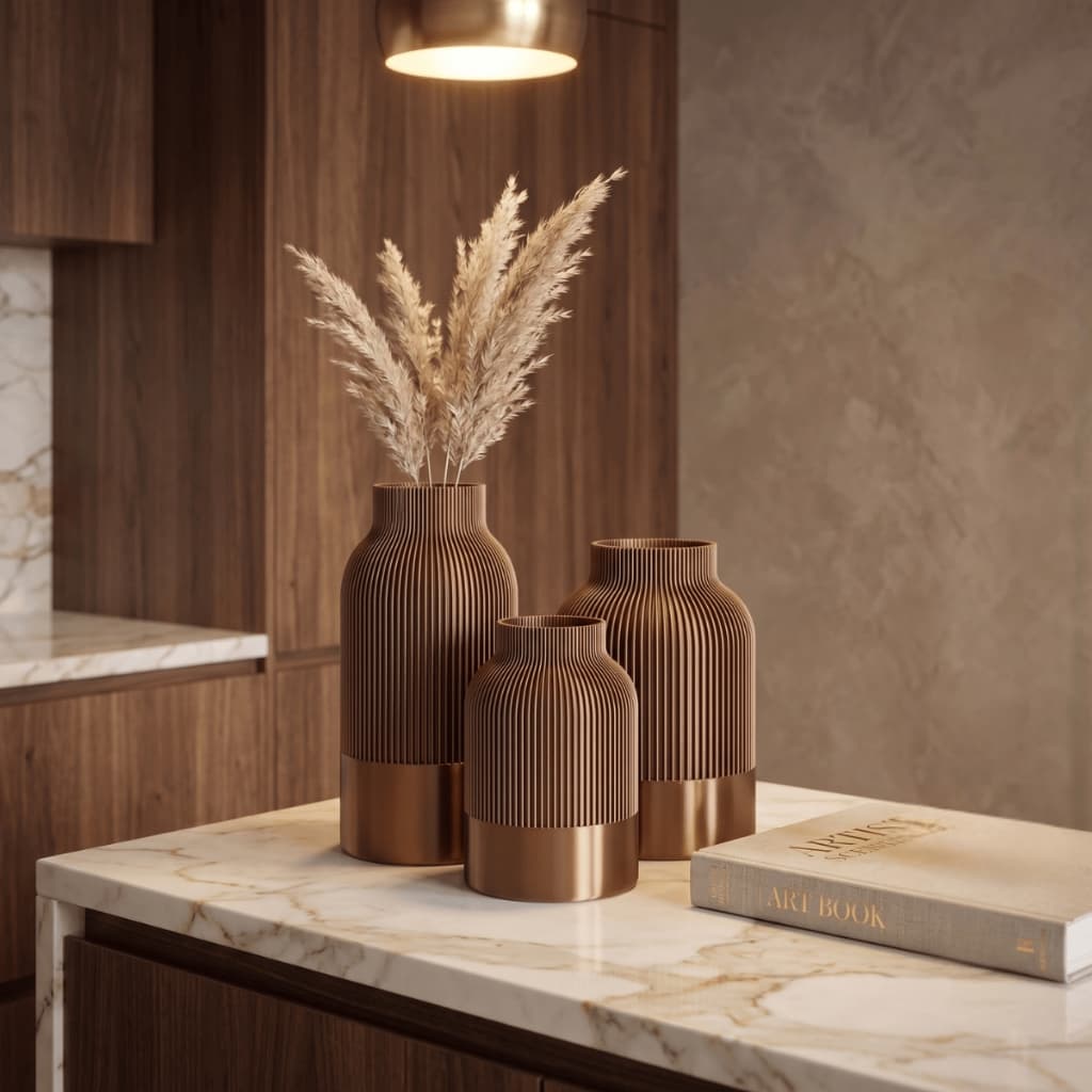 Kit 3 Vasos Decorativos Canelados Modernos Minimalista Impressão 3D | Sala Quarto Escritório