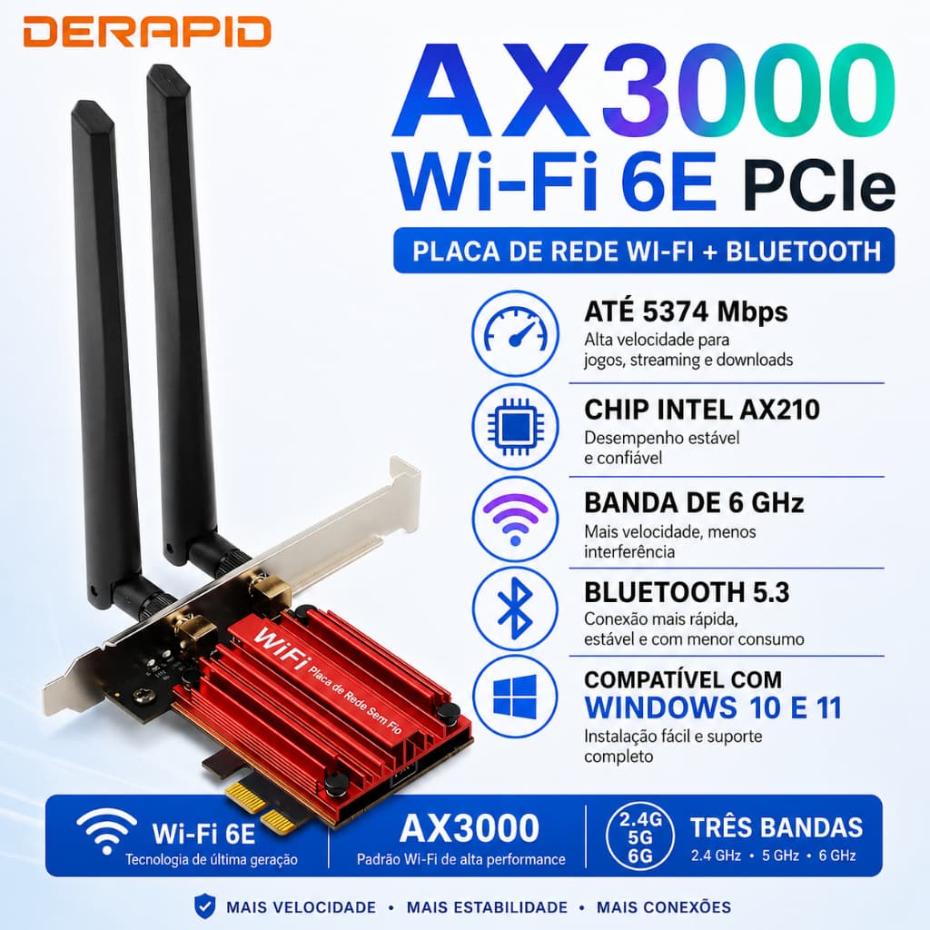 Placa de Rede Wifi6e Intel AX210 AX3000 PCI-Express Bluetooth 5.3 Tri Band 2.4/5GHz Intel  PC Win Linux Windows