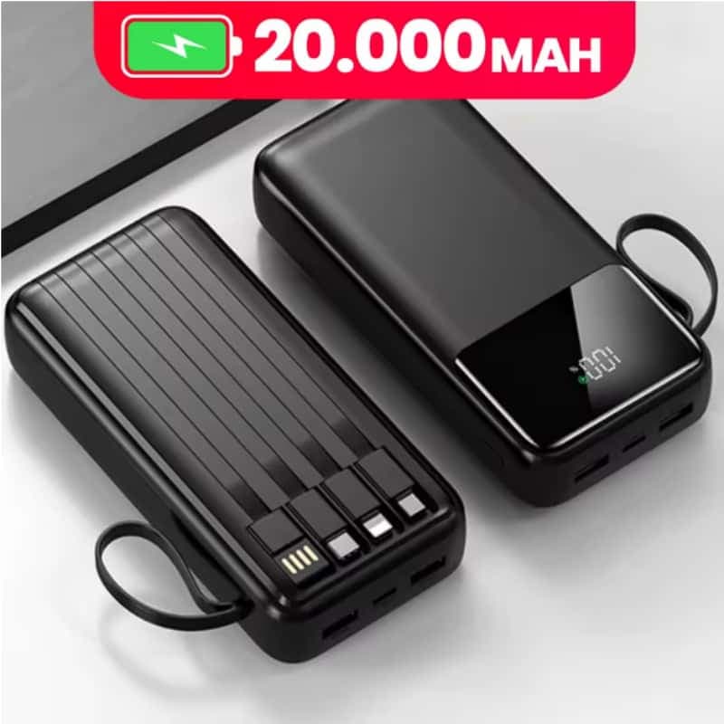 Carregador Power Bank 20000mah Portátil Display Digital 66W Carregamento Super Rápido Com 4 Cabos REAL