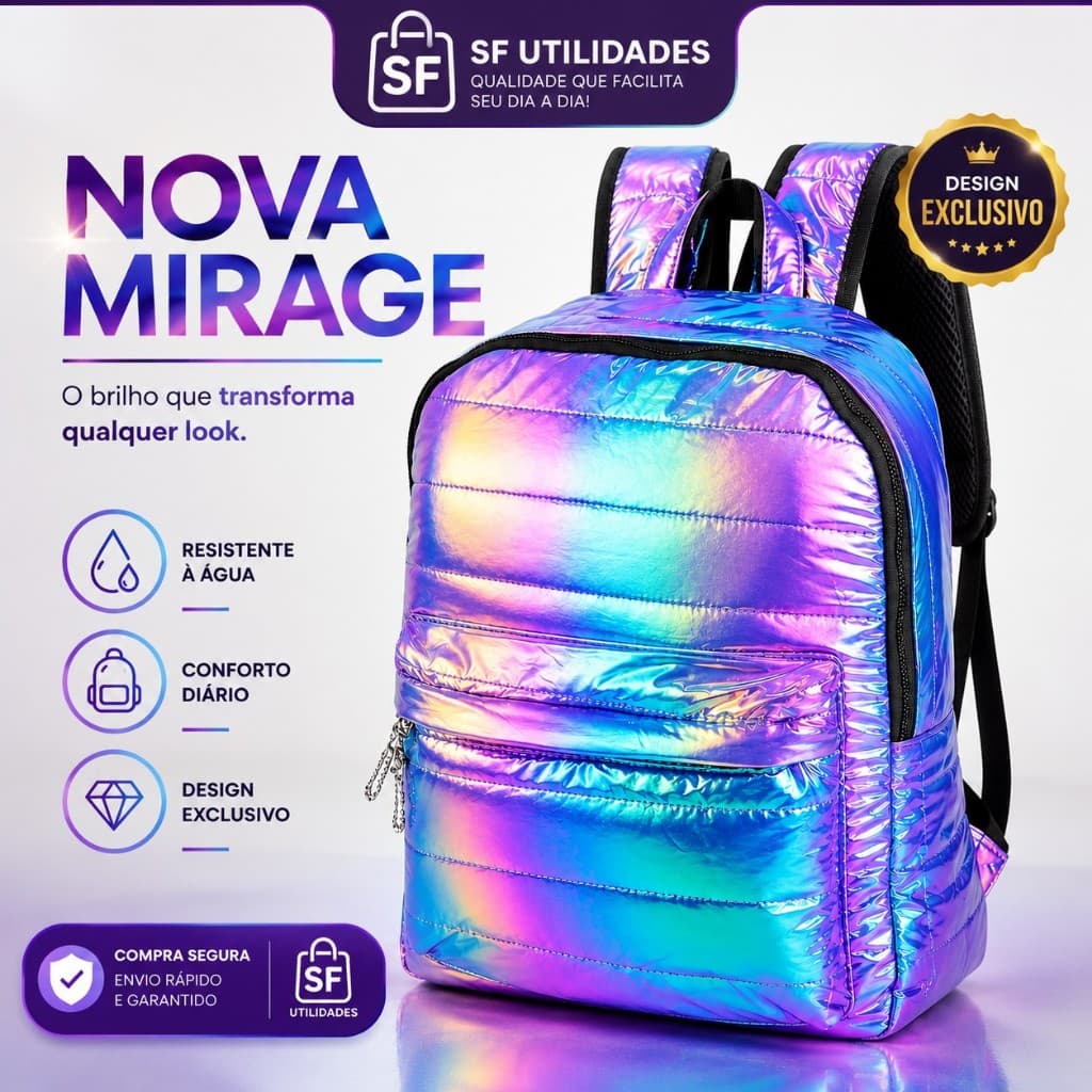 Mochila Holográfica Metalizada Feminina Resistente à Água Escolar Fashion Grande Nova Mirage