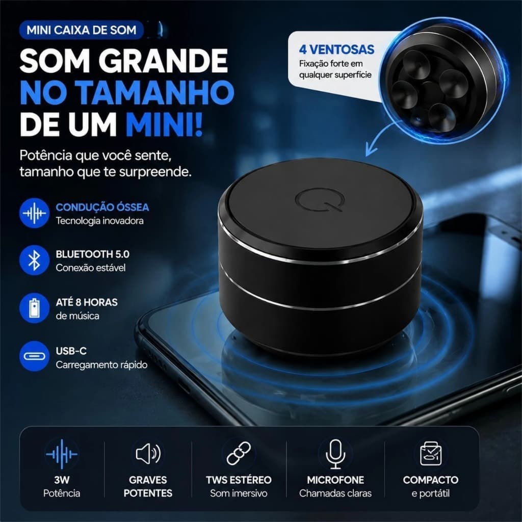 Mini Speaker Bluetooth Sem Fio | Caixa de Som Portátil com 4 Ventosas, Condução Óssea, USB-C e TWS