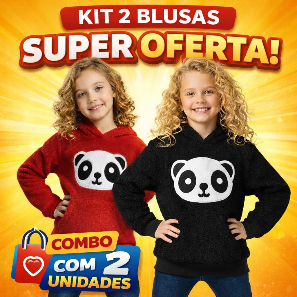 Kit 2 Jaquetas Infantil Pelinho Desenho Pandinha Com Touca Bolso Canguru Casaco Inverno Menina - Envio Imediato !!!