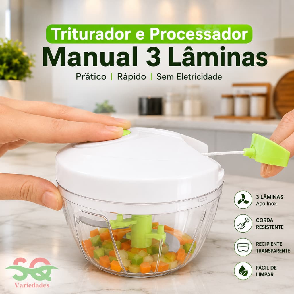 Triturador e Processador Manual de Alimentos 3 Lâminas inox – Prático, Rápido e Sem Eletricidade