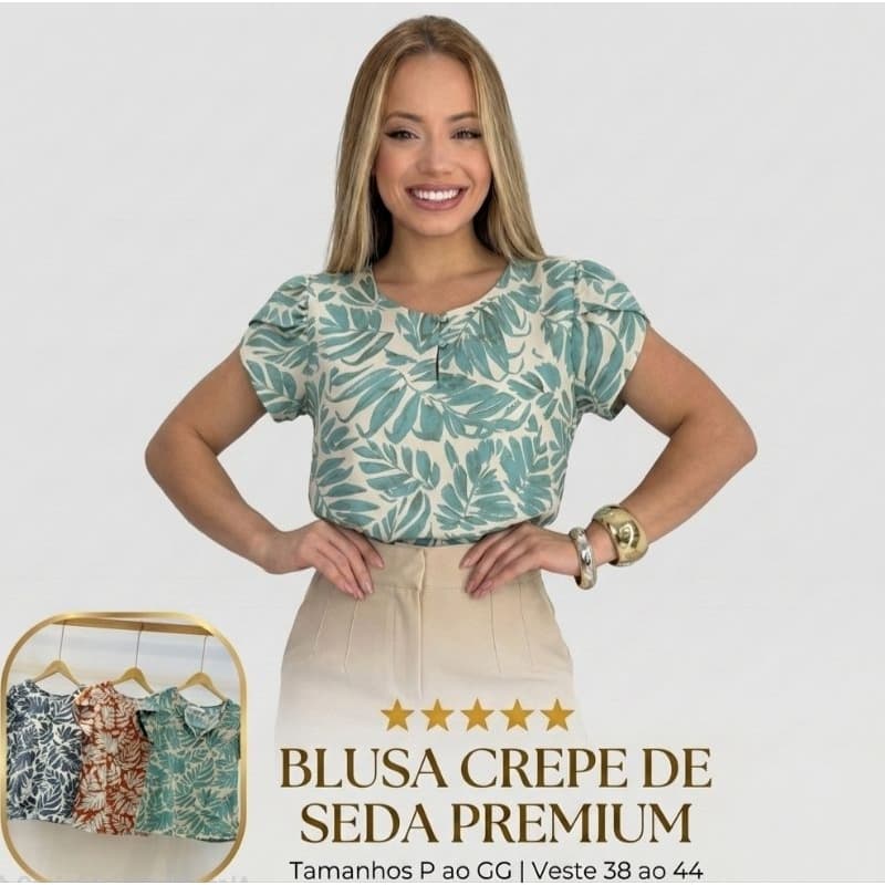 Blusa Feminina Crepe De Seda Premium Manga Bufante Princesa Puff Elegante Estampada Folhas Moda Evangélica Cristã Social