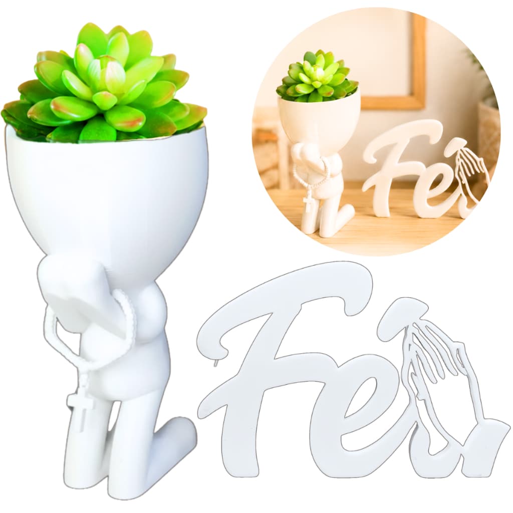 Kit Vasinhos Decorativo Robert Plant Bob Para Suculentas Decoração Palavra Fé 3D