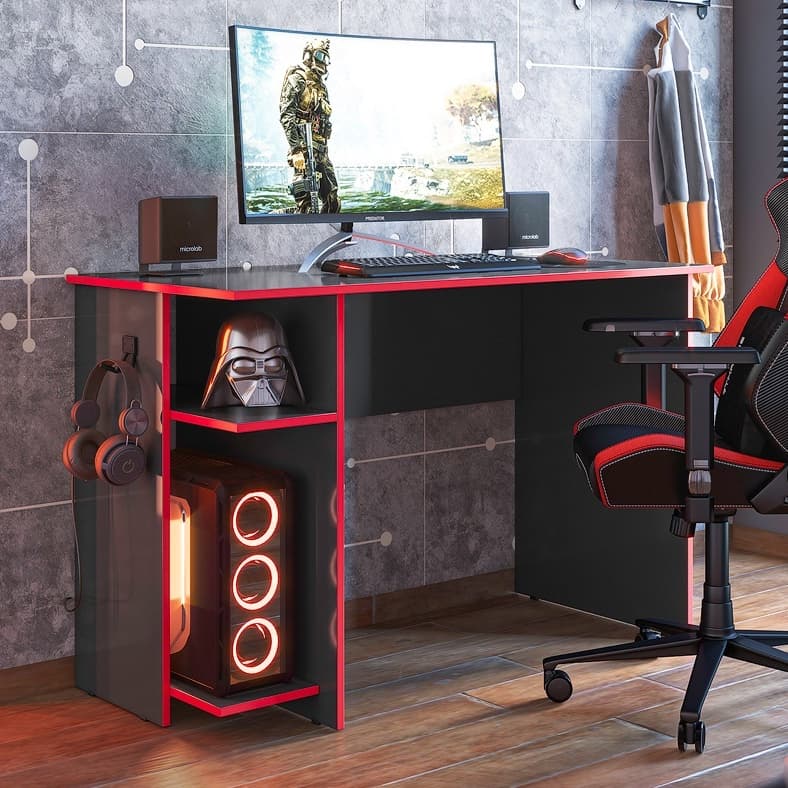 Mesa Computador Gamer 3875 Com Espaço para CPU e Suporte Fone de Ouvido Preto Vermelho Qmovi