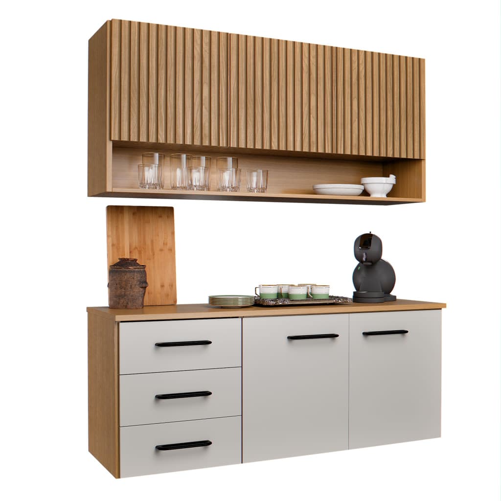 Armário de Cozinha Compacto Eliza com Balcão Aéreo 5 Portas 3 Gavetas Telescópicas Ripado 3D Suspenso Completo