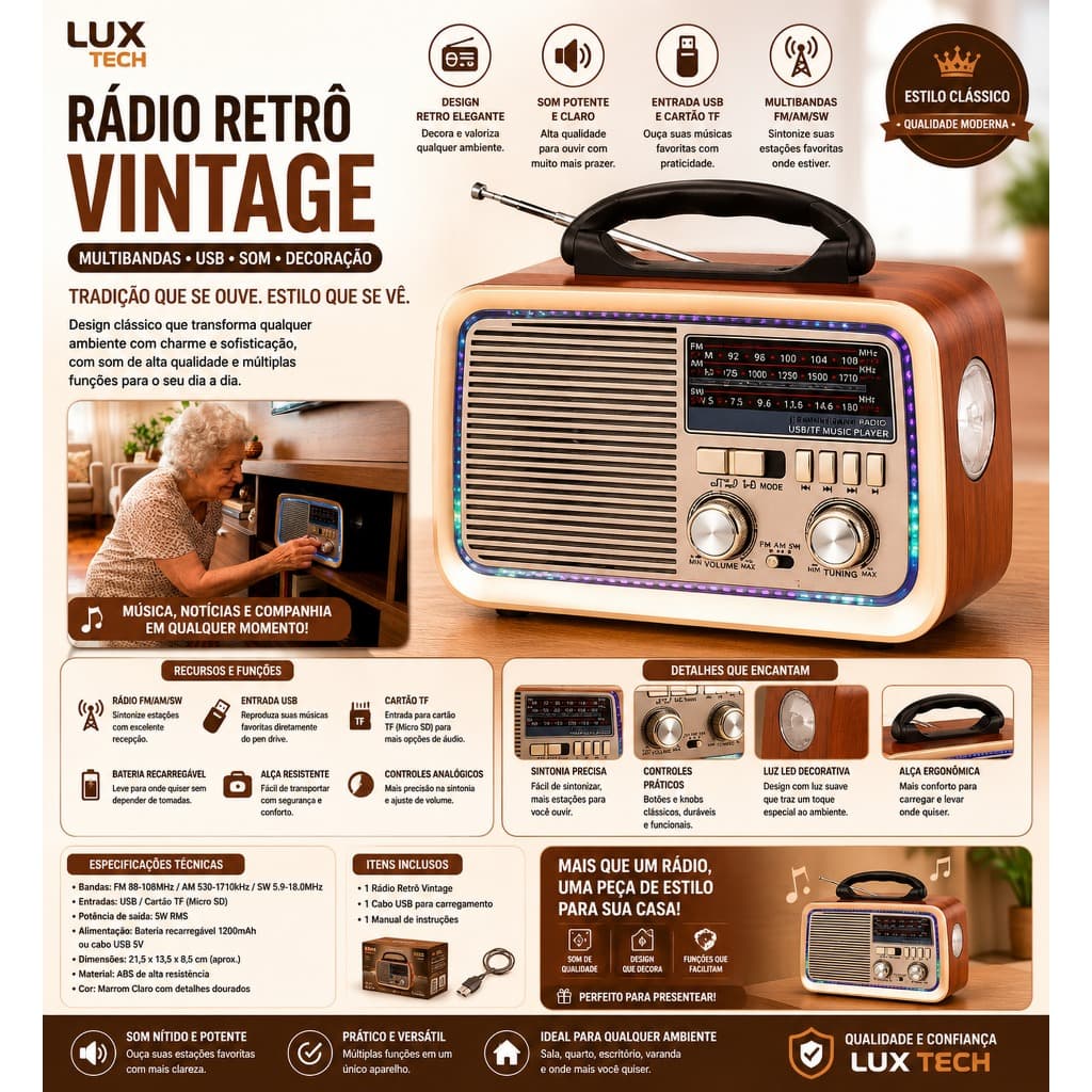 Rádio Retrô Vintage Multibandas USB Som Decoração Cor:Marrom Claro