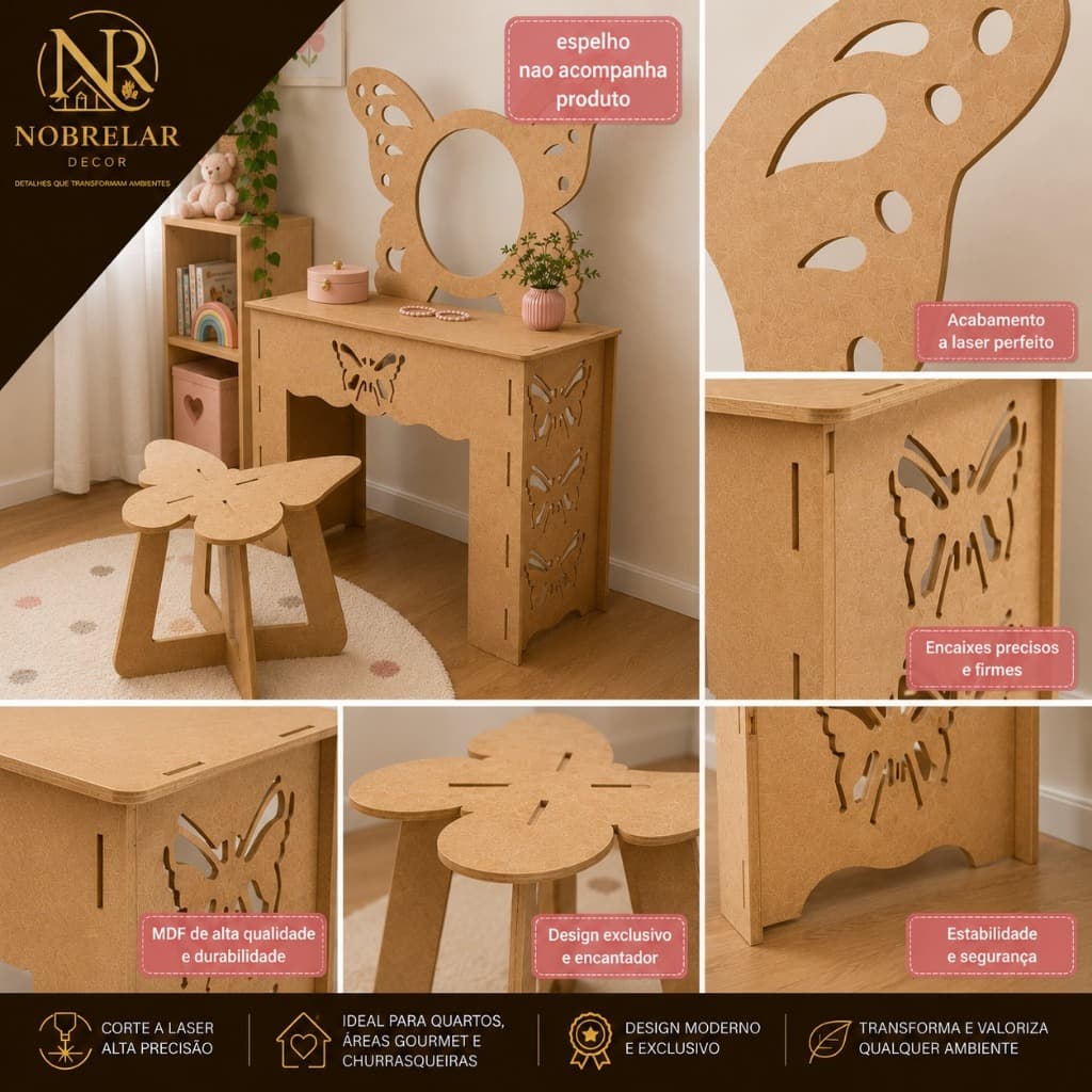 Penteadeira Infantil MDF Borboleta Decorativa Quarto Menina Presente Especial Dia Crianças