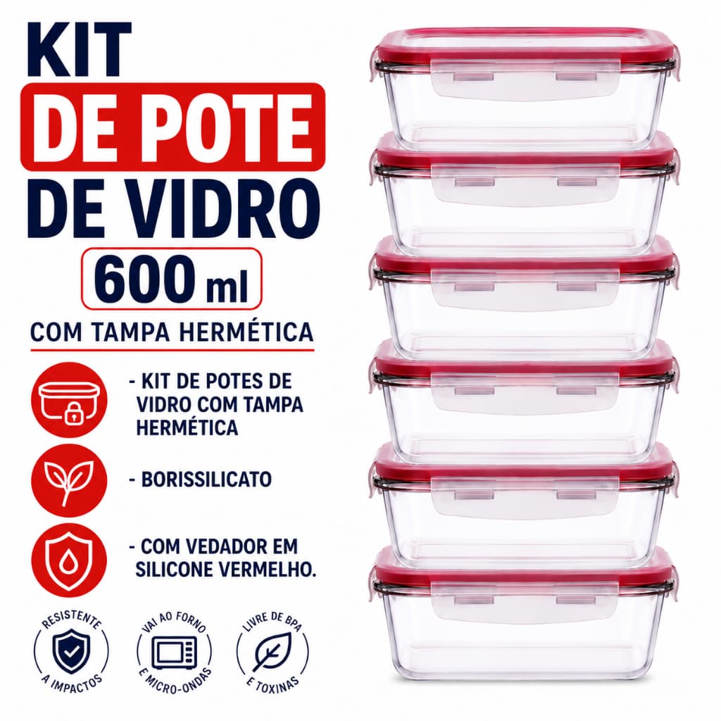 Kit 2/3/6 Pote de Vidro Hermético Casambiente Retangular 600ml Borissilicato