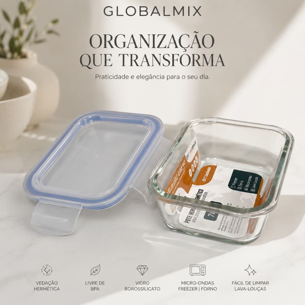 Pote de Vidro com Tampa Hermética  Vidro Borossilicato 370ml Tampa com Vedação Organizador Geladeira Marmit