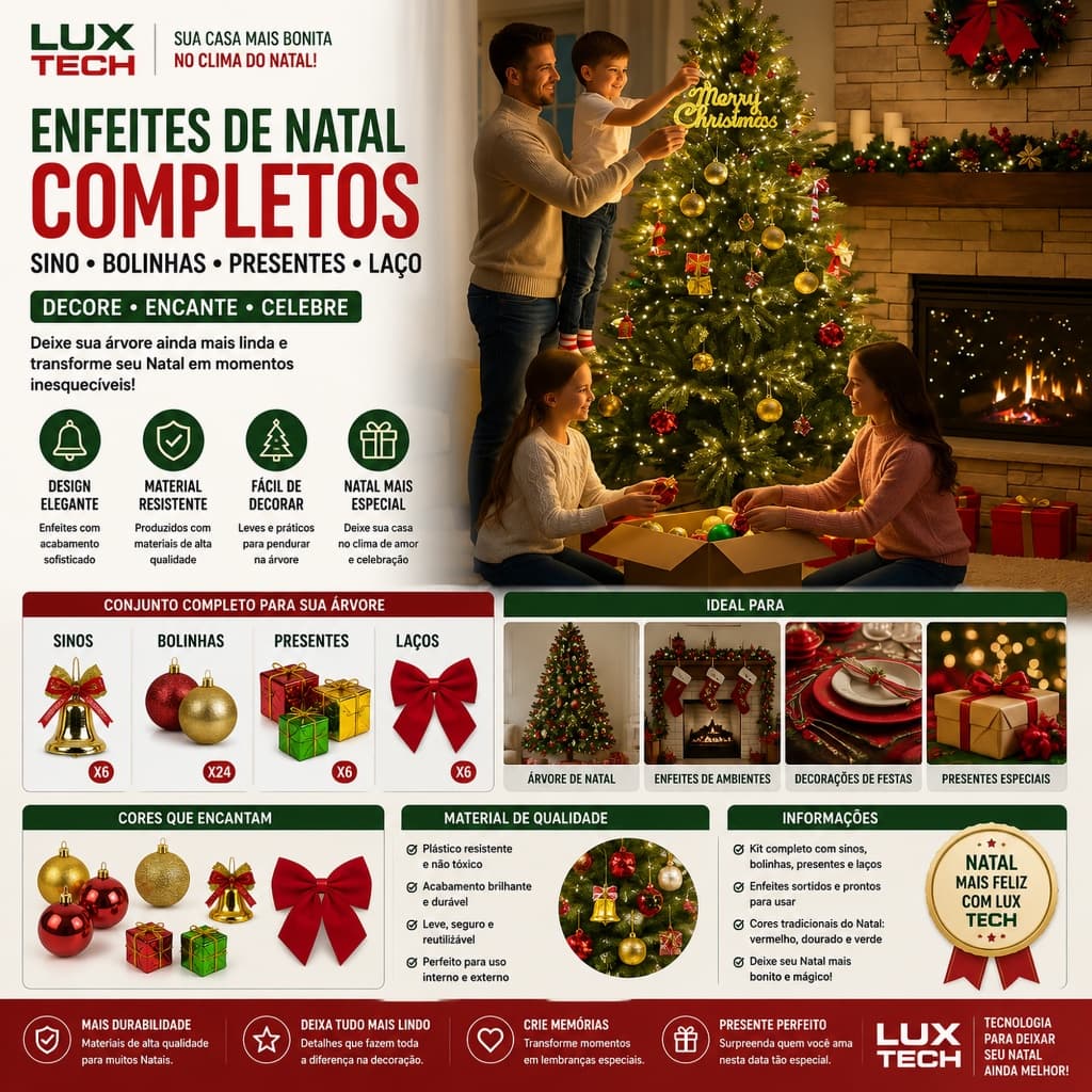 Enfeites Sino Bolinhas Presentes Laço Árvore de Natal Festa