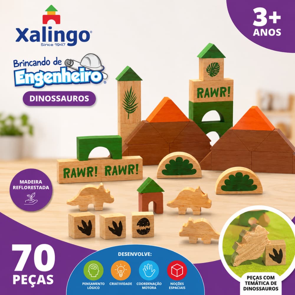 Brincando de Engenheiro Dinossauros Xalingo 70 Peças Blocos em Madeira Educativo