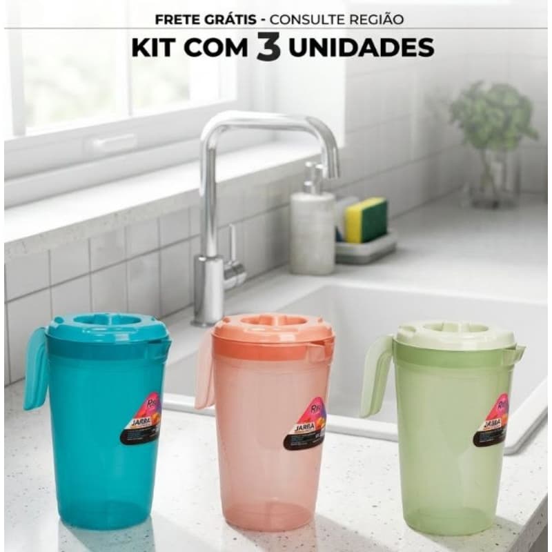 KIT COM 3 JARRAS COLORIDAS DE 2 LITROS PARA SUCO JARRA REFORÇADA azul rosa verde agua