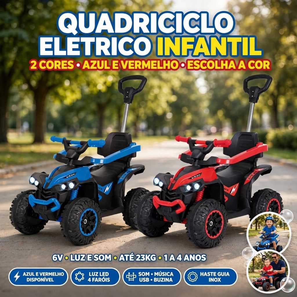 Quadriciclo Elétrico Infantil 6V com Empurrador Haste Guia Luz LED Música USB Buzina Frente Ré Bateria