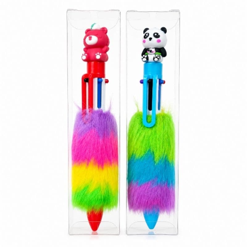 Caneta 6 Cores com Pelúcia e Ursinho/Panda Kawaii | Caneta Multicolor Escolar Fofa