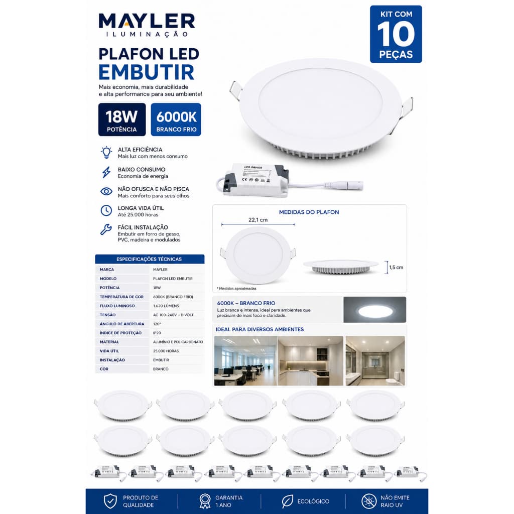 KIT 10 PLAFON REDONDO LED DE EMBUTIR MAYLER 6000K 18W